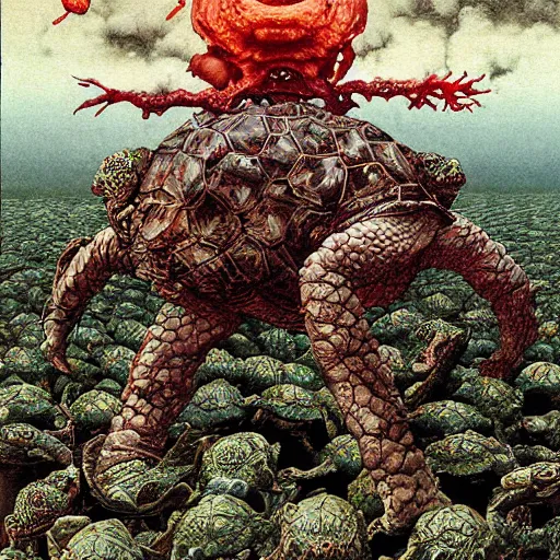 Image similar to senior genetically engineered ninja tortoises, weapons floating in the air, dark energy portals. cinematic horror by chris cunningham, junji ito, aleksandra waliszewska, richard corben, norman rockwell, highly detailed, vivid color, beksinski painting, part by adrian ghenie and gerhard richter. art by takato yamamoto. masterpiece