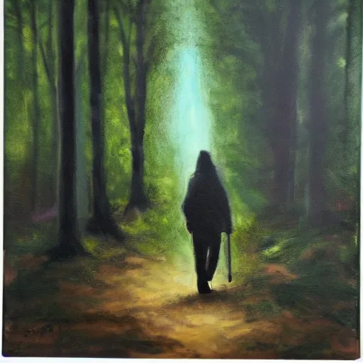 Prompt: Wanderer in the dark forest, oil on canvas