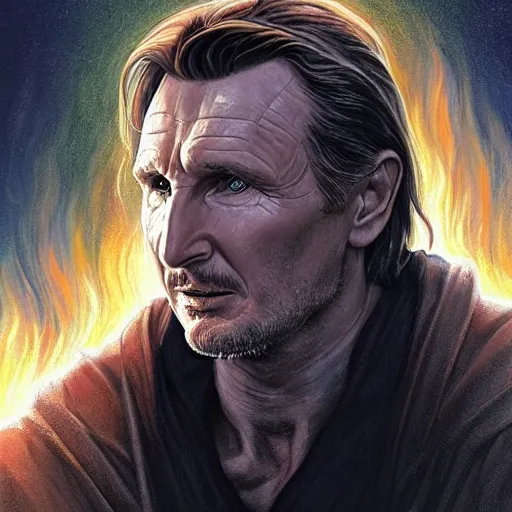 Prompt: Liam Neeson as the prophet Elijah calling down fire, symmetrical, smooth, sharp focus, art by magali villeneuve and art germ, concept art, very high quality