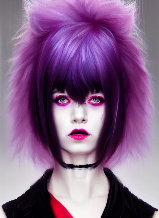 Image similar to portrait of white teenage girl, normal face, black bangs, mall goth, cyberlox, black and white hair, bangs, fluffy bangs, red contacts, purple lipstick, intricate, elegant, highly detailed, digital painting, artstation, concept art, sharp focus, smooth, illustration, art by wlop, mars ravelo and greg rutkowski