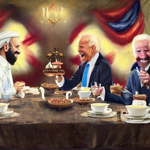 Image similar to a painting of joe biden laugh in tea party with osama bin laden, justify content center, hyper realistic content, frontal hyperdetailed realistic content, remove duplicate content