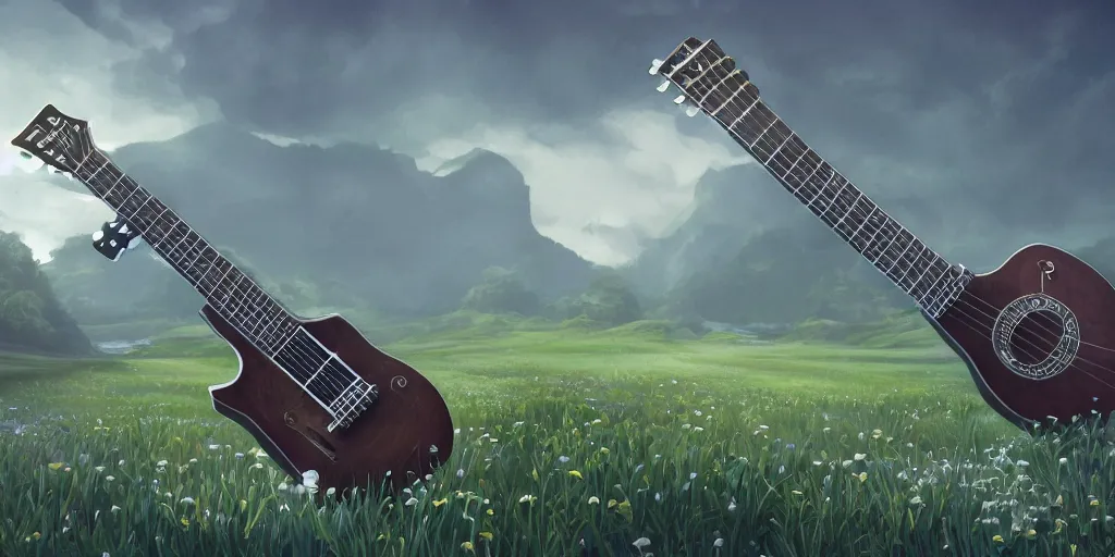 Image similar to a beautiful scenery in the shape of half a guitar, wide angle, super highly detailed, professional digital painting, artstation, concept art, smooth, sharp focus, no blur, no dof, extreme illustration, unreal engine 5, photorealism, hd quality, 8 k resolution, cinema 4 d, 3 d, beautiful, cinematic, art by tim burton