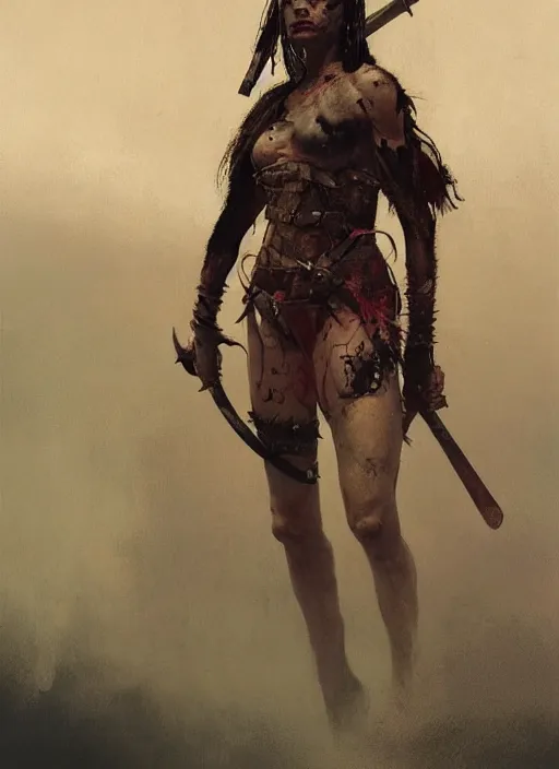 Image similar to hyper realistic painting of prehistoric punk warrior girl, full body, rule of thirds, conceptart, saturated colors, cinematic, greg rutkowski, brom, james gurney, mignola, craig mullins, alan lee