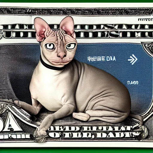 Prompt: sphynx cat sits on money bill, nft avatar