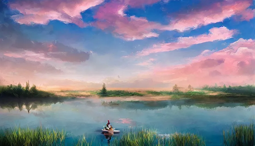 Image similar to a garden gnome sails across a pond in a bucket, dramatic pink clouds, blue sky, jessica rossier, art station