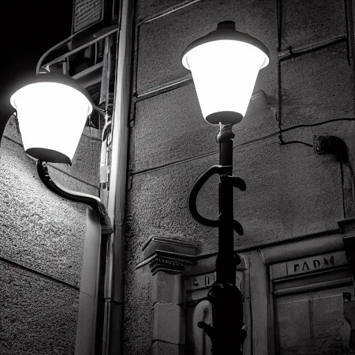 Prompt: photograph of an octopus hiding behind a lamp post at night