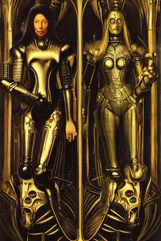 Prompt: double portrait of christine turlington as warrior of dark futuristic robotic world, by jan van eyck, h r giger, mysticism, intricate, highly ornate gold trim