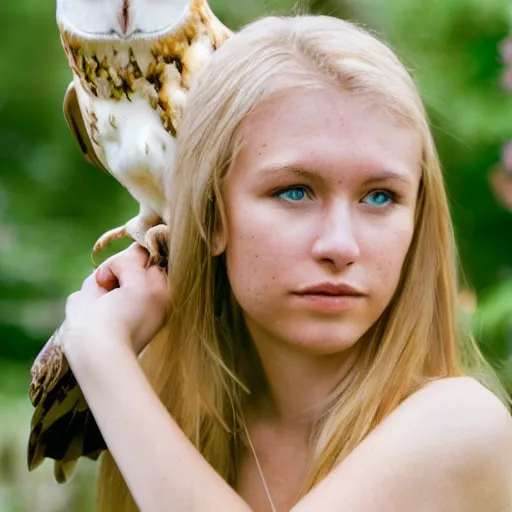 Prompt: aero ektar lens. shallow depth of field. portrait photograph of an extremely beautiful!!!! young blonde female. symetric face. with a very detailed barn owl! on her shoulder., petzval lens. in a tropical greenhouse. featured on flickr, art photography, photo taken with provia,