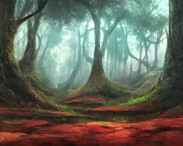 Image similar to deciduous forest in a humid subtropical climate, award winning fantasy concept art
