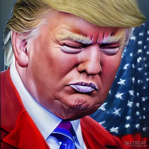 Image similar to perfect, realistic oil painting of Donald Trump, by Sakimichan, by an American professional senior artist, Hollywood concept, dynamic composition and motion, postproduction.