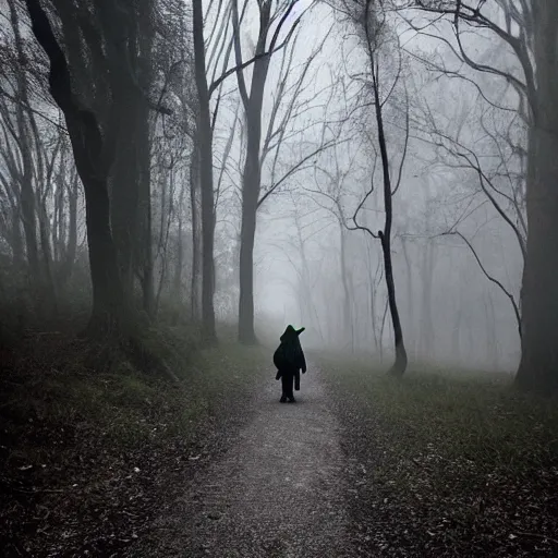 Image similar to goblin walking through the woods. Foggy. Dimly lit. Eerie. Spooky.