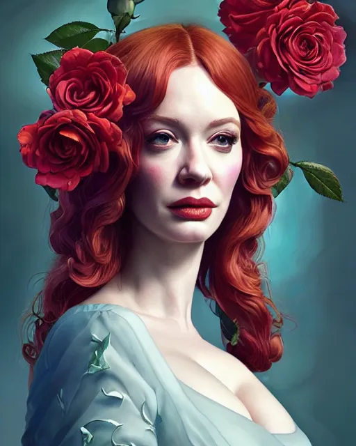 Image similar to portrait of christina hendricks with roses, baroque, roses, intricate abstract upper body intricate artwork, by tooth wu, wlop, beeple, dan mumford. concept art, octane render, deviantart, greg rutkowski, cinematic arthouse, key art, hyper realism, iridescent accents