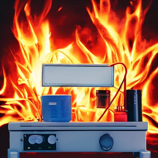 Prompt: posterized image of science equipment on fire