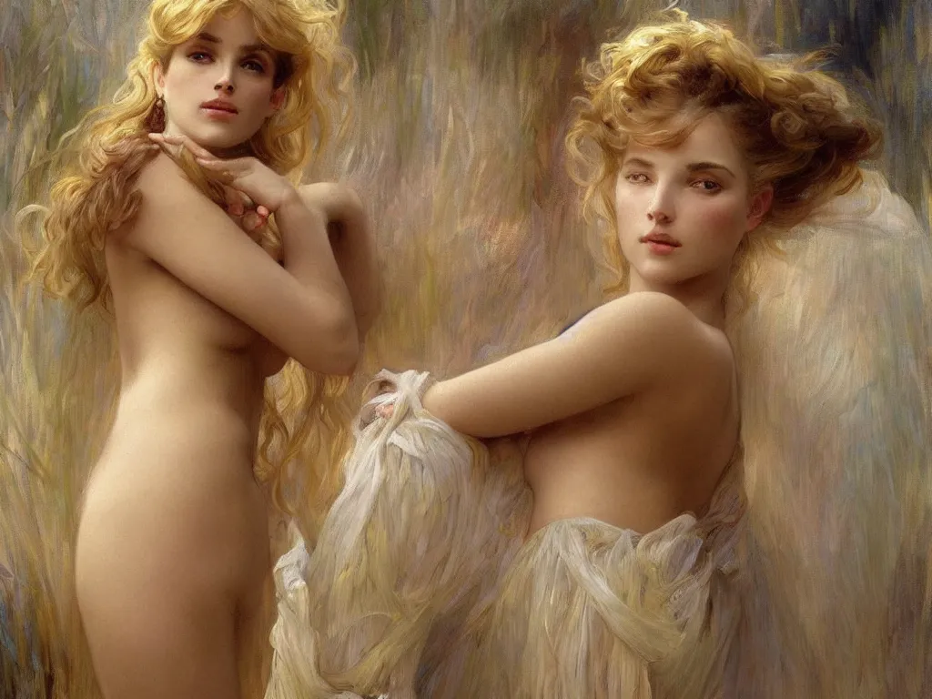 Image similar to painted portrait of a shy wife blessed by god with ever - increasing intelligence beauty virtue and curves. blonde, holy body dressed modestly, light effect. feminine, powerful, in clothes! intricate, elegant, highly detailed, digital painting, artstation, concept art, smooth, sharp focus, illustration, art by gaston bussiere and alphonse mucha