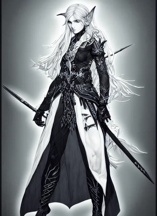 Image similar to Full body portrait of a beautiful elven female mage with black and white hair in ornate gray mage robe. In style of Yoji Shinkawa and Hyung-tae Kim, trending on ArtStation, dark fantasy, great composition, concept art, highly detailed.