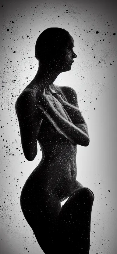 Image similar to film still, perfect female body silhouette, liquid sculpture, astral clockwork, abstract shapes, photorealism, beautiful portrait, white and black latex mixture, black ink, body acts photography, abstract art, concept art, matte painting, bokeh lights, one point light, elegant, weta fx, weta digital, artstation