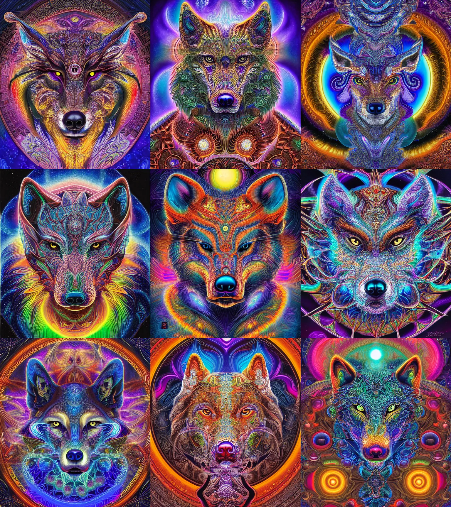 Prompt: a beautiful digital art of a intricate ornate cosmic fractal wolf shaman with a glowing third eye by dan mumford and alex grey, sacred geometry, hd vibrant, hyper detailed, 3 d, ue 5, ultra fine detailed