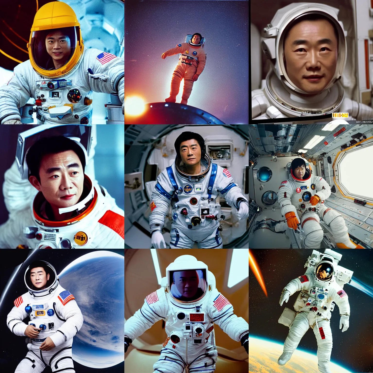 Prompt: Kodak portra 160, 4K: famous chinese actor in budget sci-fi movie remake, space walk scene