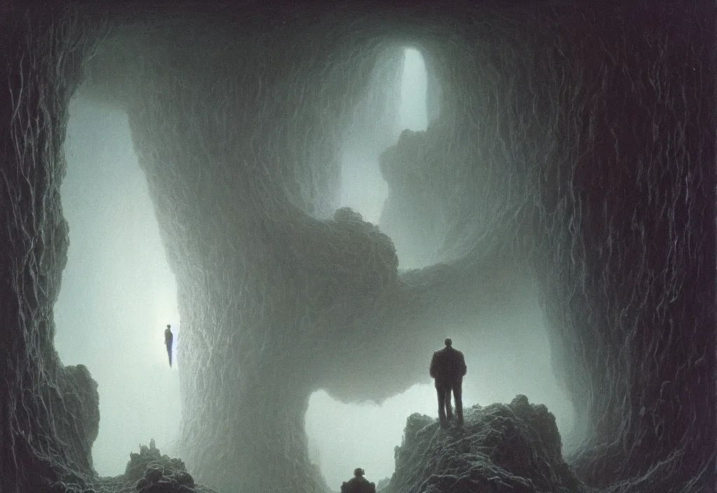 Prompt: will farrell and john c. reilly entering a chasm full of unspeakable cosmic horrors, horror, terrifying atmosphere, atmospheric, by greg rutkowski and zdzisław beksinski, 8 k