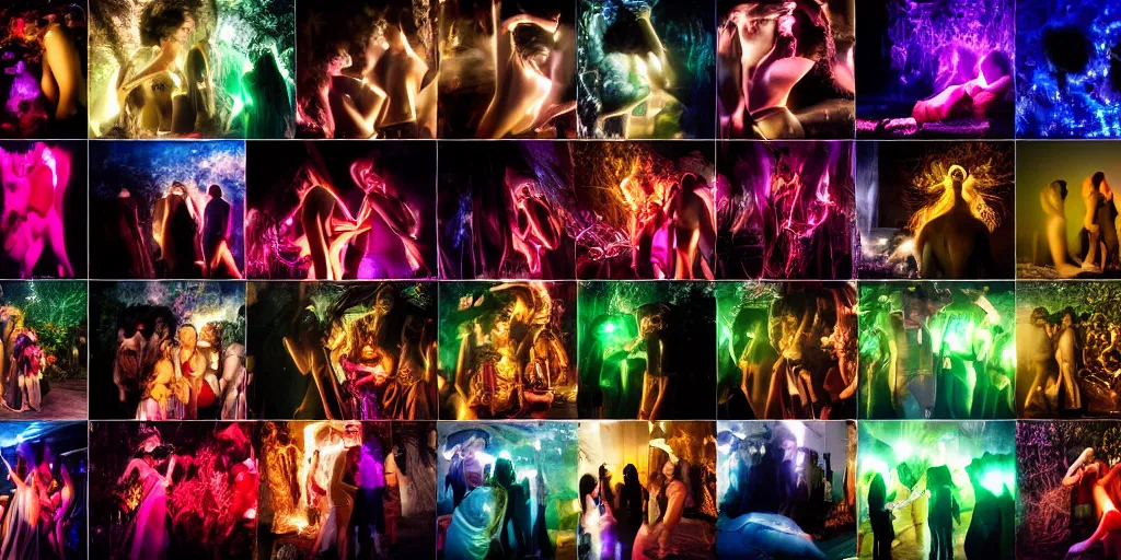 Image similar to love, overlays of groups of people with glowing bodies, from behind, rebirth, wide angle, cinematic atmosphere, elaborate, highly detailed, vivid colors, dramatic lighting