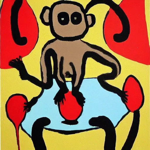Prompt: A monkey drinking champagne as a Miro painting
