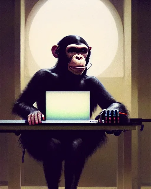 Image similar to cyberpunk hacker chimpanzee at the computer. sci - fi art by greg rutkowski, gustave courbet, rosa bonheur, edward hopper. faithfully depicted facial expression, perfect anatomy, sharp focus, global illumination, radiant light, detailed and intricate environment, trending on artstation