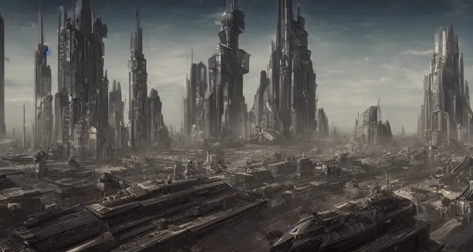 Prompt: view on futuristic city in the horizon, in style of dieselpunk, detailed, sharp, 4 k