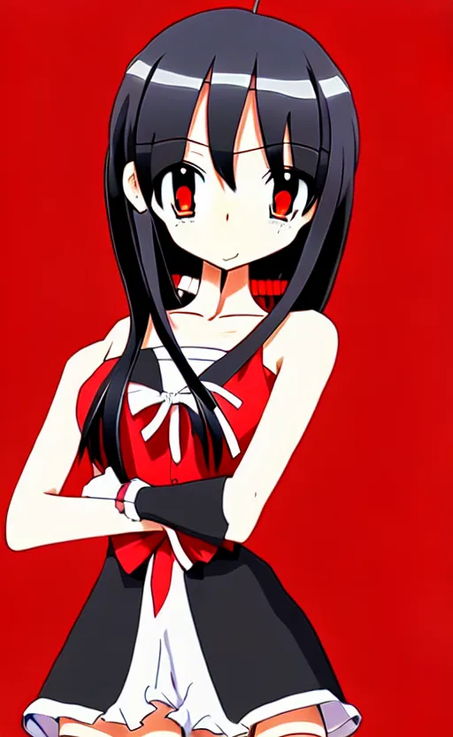 Prompt: anime girl with a detailed face and black hair in a red outfit, full body, trending, wide shot, illustration, by hiroyuki imaishi