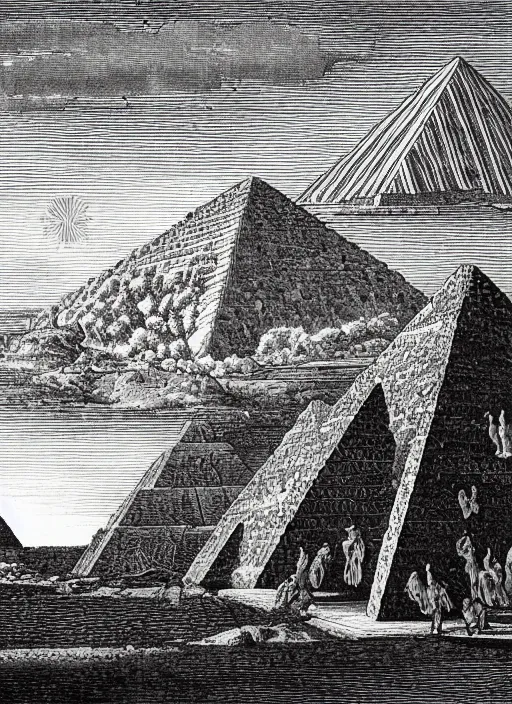 Image similar to nyarlatothep, the bloody tongue, pyramids in the background, in the style of gustav dore