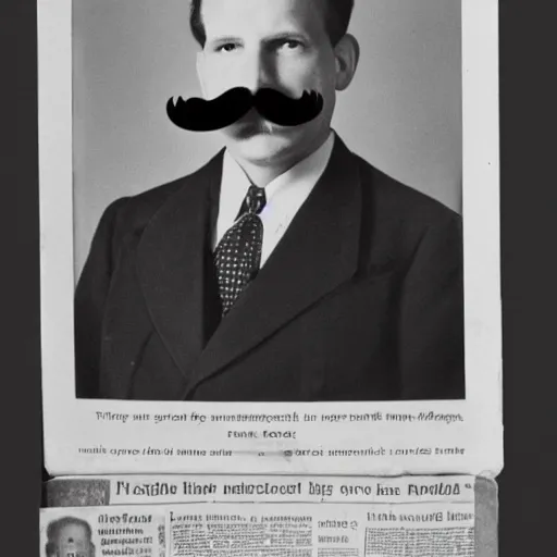 Image similar to newspaper photo from 40s of a slim medical doctor with a big mustache and sidecut topet