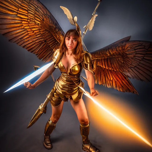 Prompt: photo of a real - life winged valkyrie warrior with light powers, highly detailed, 4 k, hdr, smooth, sharp focus, high resolution, award - winning photo