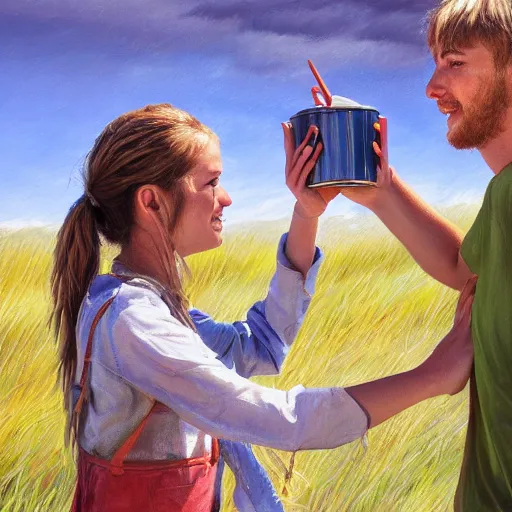 Image similar to a highly detailed painting of a young couple from the side, holding a tin can, hjalteyri iceland, summer, blonde hair, muted colors, joy, trending on artstation,