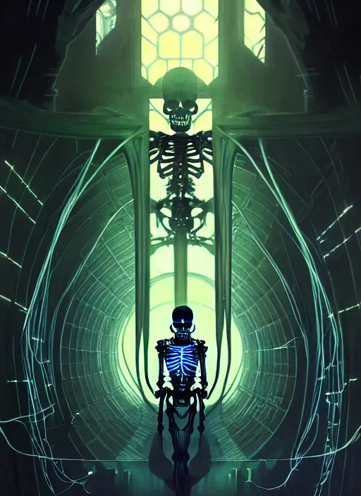 Image similar to high depth, the cyber skeleton king in his silent halls, calm, healing, resting, life, hybrids, scifi, glowing lights!!, published concept art, mixed medias, image overlays, sharp focus, thin glowing wires, winning illustration, art by greg rutkowski and alphonse mucha, singularity!!!