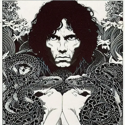 Image similar to symmetrical jim morrison as a lizard king, very detailed style of takato yamamoto lots of flowers lizards and snakes