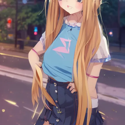 Image similar to a very beautiful anime girl, full body, long golden hair, sky blue eyes, full round face, short smile, mini jeans skirt, cute top, urban setting, cinematic lighting, medium shot, mid-shot, highly detailed, trending on Artstation, Unreal Engine 4k, cinematic wallpaper by Stanley Artgerm Lau, WLOP, Rossdraws, James Jean, Andrei Riabovitchev, Marc Simonetti, and Sakimichan