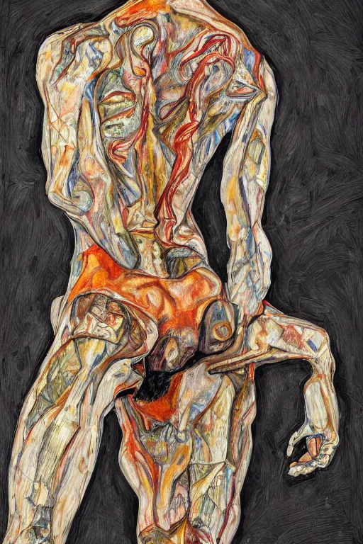 Image similar to a full body character with multiple lifted arms in style of egon schiele and herakut, masterpiece, hyperdetailed, complex, intricate, veiled, 4 k, 8 k, dynamic!!, trending on artstation