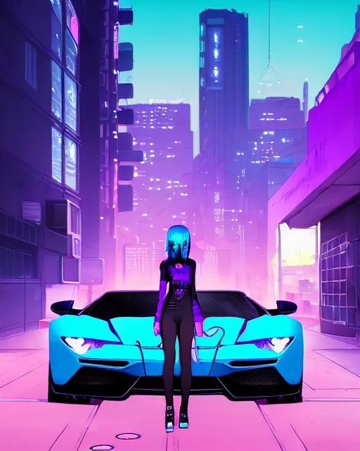 Prompt: digital illustration of cyberpunk pretty girl with blue hair, standing in front of a purple lamborghini, in city street at night, by makoto shinkai, ilya kuvshinov, lois van baarle, rossdraws, basquiat