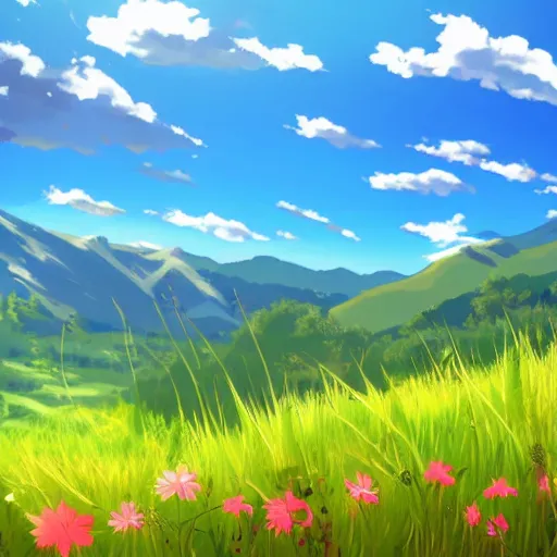 anime background grassland, flowers, summer, | Stable Diffusion