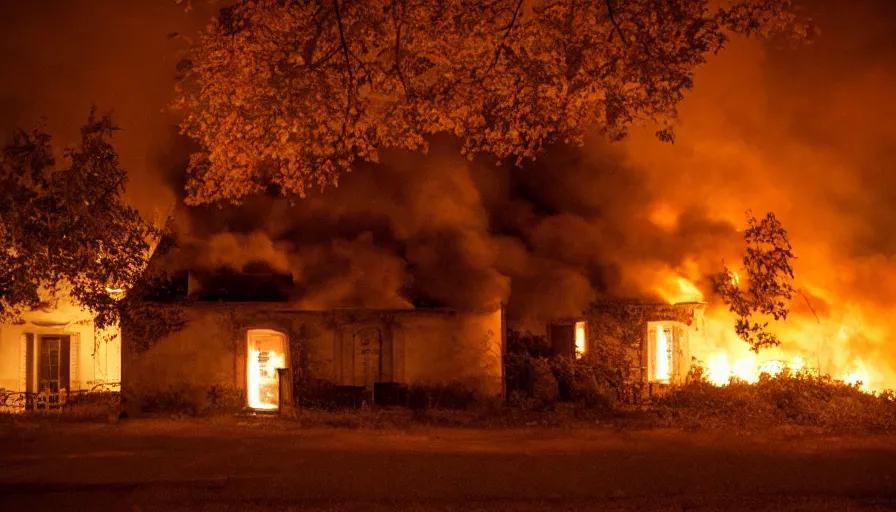 Prompt: mini dv still of a heavy burning french style little house by night in autumn, in a small northern french village, by sony mini dv camera, heavy grain, low quality, high detail, dramatic light, anamorphic, flares