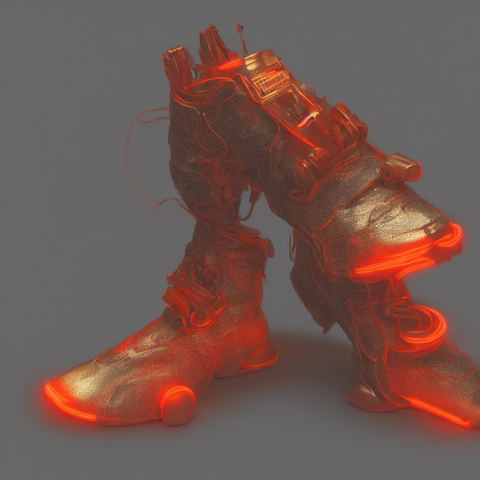 Image similar to realistic 8 k sculpture of a cyberpunk sneaker with neon illuminated rubber soles and soft orange shoelaces, sitting on a textured grey surface, clean 3 d render, beautiful studio lighting, soft, sharp focus, cyberpunk, intricate detail, gold and red accents, soft rubber, octane render, trending on artstation, deviantart, art by hiroshi fujiwara