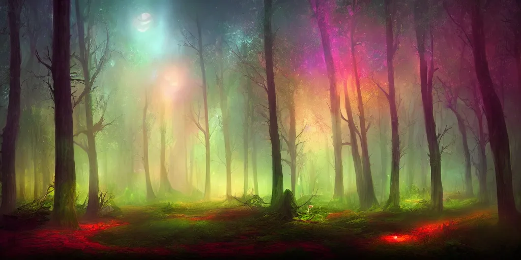 Image similar to beautiful matte painting of a colorful fantasy dark forest at night