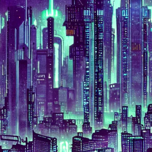 Image similar to 90's cyberpunk skyline, monolithic megastructures, beams of light, in the style of Johnny Mnemonic