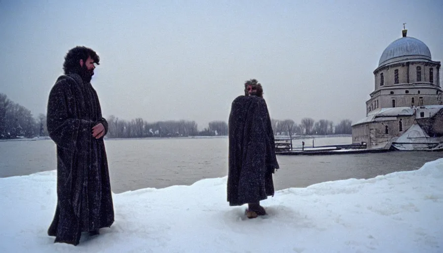 Prompt: 1 9 7 0 s movie still by tarkovsky of marcus aurelius, skinny and ill dying under the snow on the on the frozen danube with drapery and snow and ancient temples, cinestill 8 0 0 t 3 5 mm, high quality, heavy grain, high detail, cinematic composition, dramatic light, anamorphic, hyperrealistic