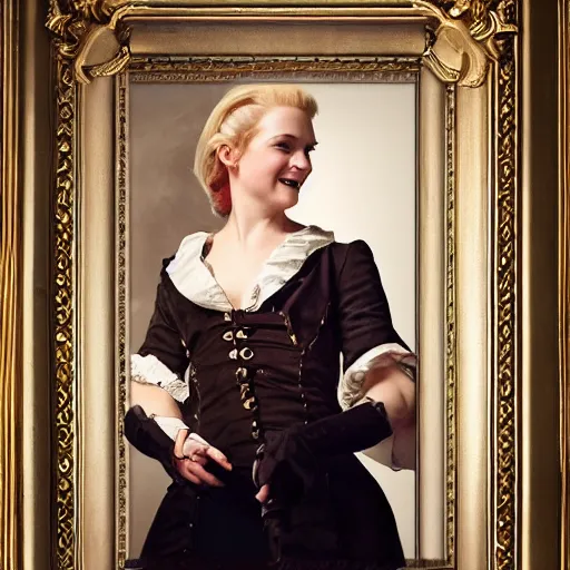 Image similar to laughing, beautiful, intelligent, blonde female pirate captain 2 8 years old, 1 9 4 0 s haircut, fully clothed, wise, beautiful, masterful 1 7 5 0 s oil painting hanging at the louvre, dramatic lighting, sharp focus