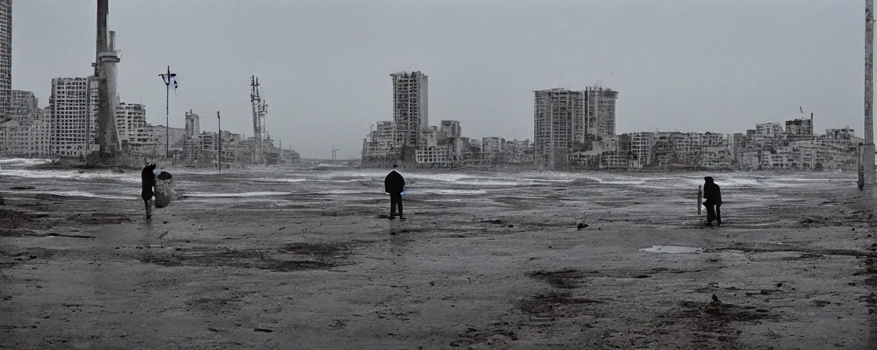 Prompt: apocaliptic Portrait of the city of Mar del Plata with a offshore oil dripping , by Tom Bunk and stephen Shore, 35mm