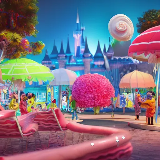 Image similar to ice cream world, candy tree, human pets, 3 d render, illustrated, incredible details, highly detailed, colorful, photorealistic, disney pixar, octane render, iridescent, anime, 8 k