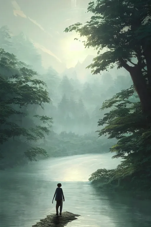 Prompt: a wholesome cottagecore illustration of a man walking on the backs of a river with his shadow flowing behind, studio Ghibli, Pixar and Disney animation, sharp, Rendered in Redshift and Unreal Engine 5 by Greg Rutkowski, Bloom, dramatic lighting