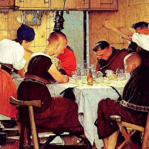 Prompt: A kitchen wench serving beers to a group of monks, artist Norman Rockwell,