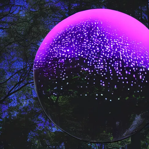 Prompt: A large black reflective sphere covered in glowing purple lines surrounded by a purple haze and reflective mist hovering over a sprawling forest