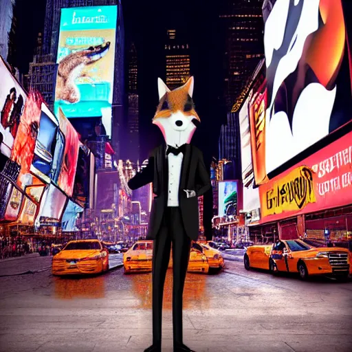 Image similar to anthropomorphic furry fox wearing a tuxedo stands on the times square ,detailed, environment, building, cinematic lights, Artstation